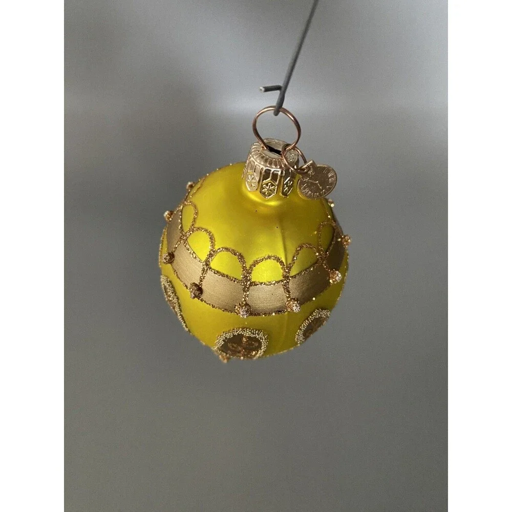 Poland Glass Christmas Ornament Lime Green Gold Glitter Clock Charm Holiday Tree